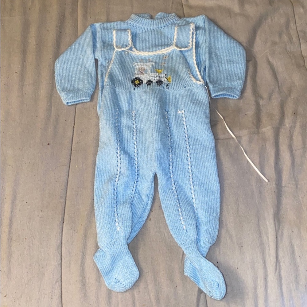 Vintage 50’s Unique Hand Crafted Newborn Baby Two Piece Sweater & Overall Set